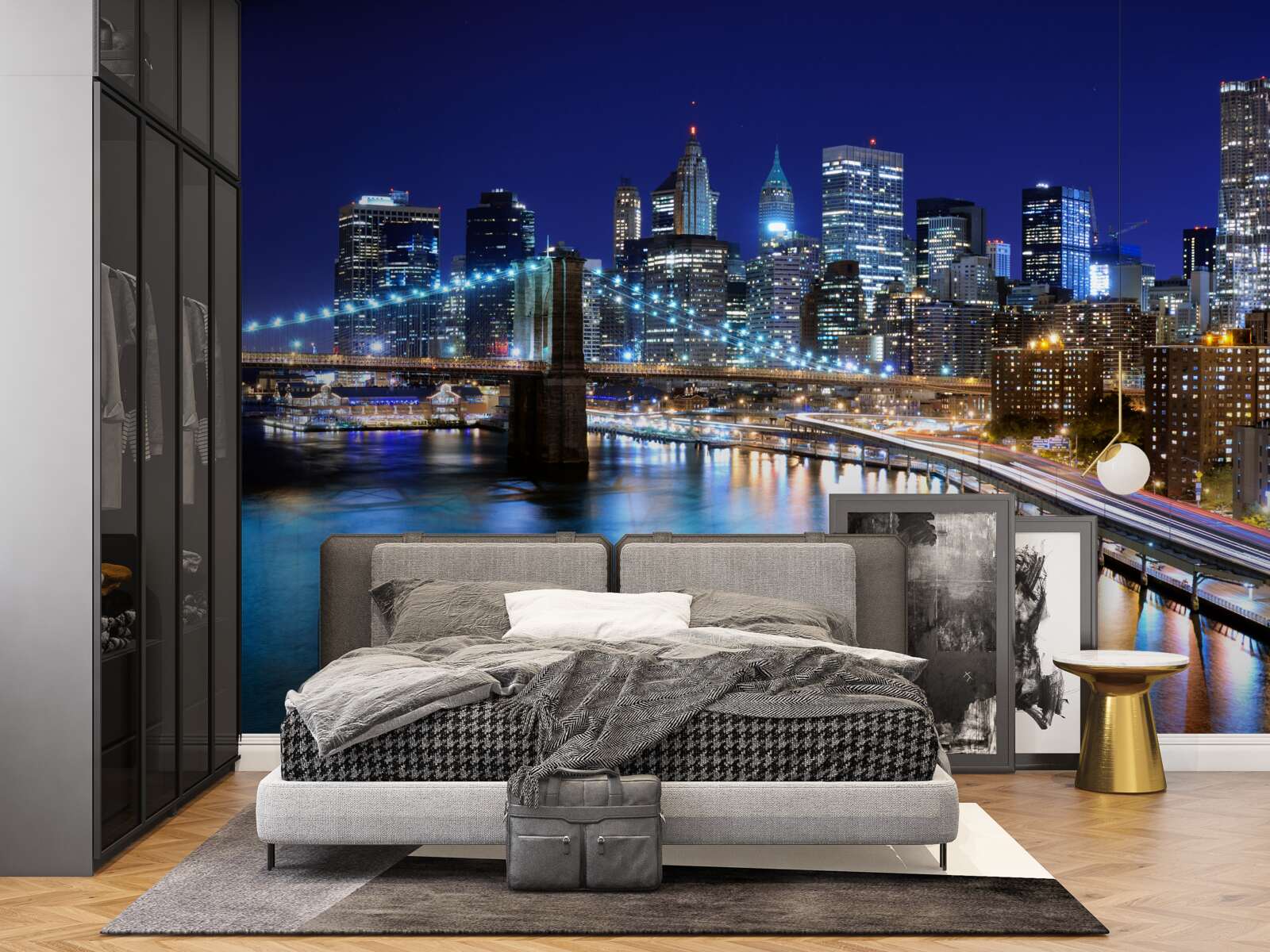 Fototapeten Brookliński -Brücke in New York unter den Nachtlichtern