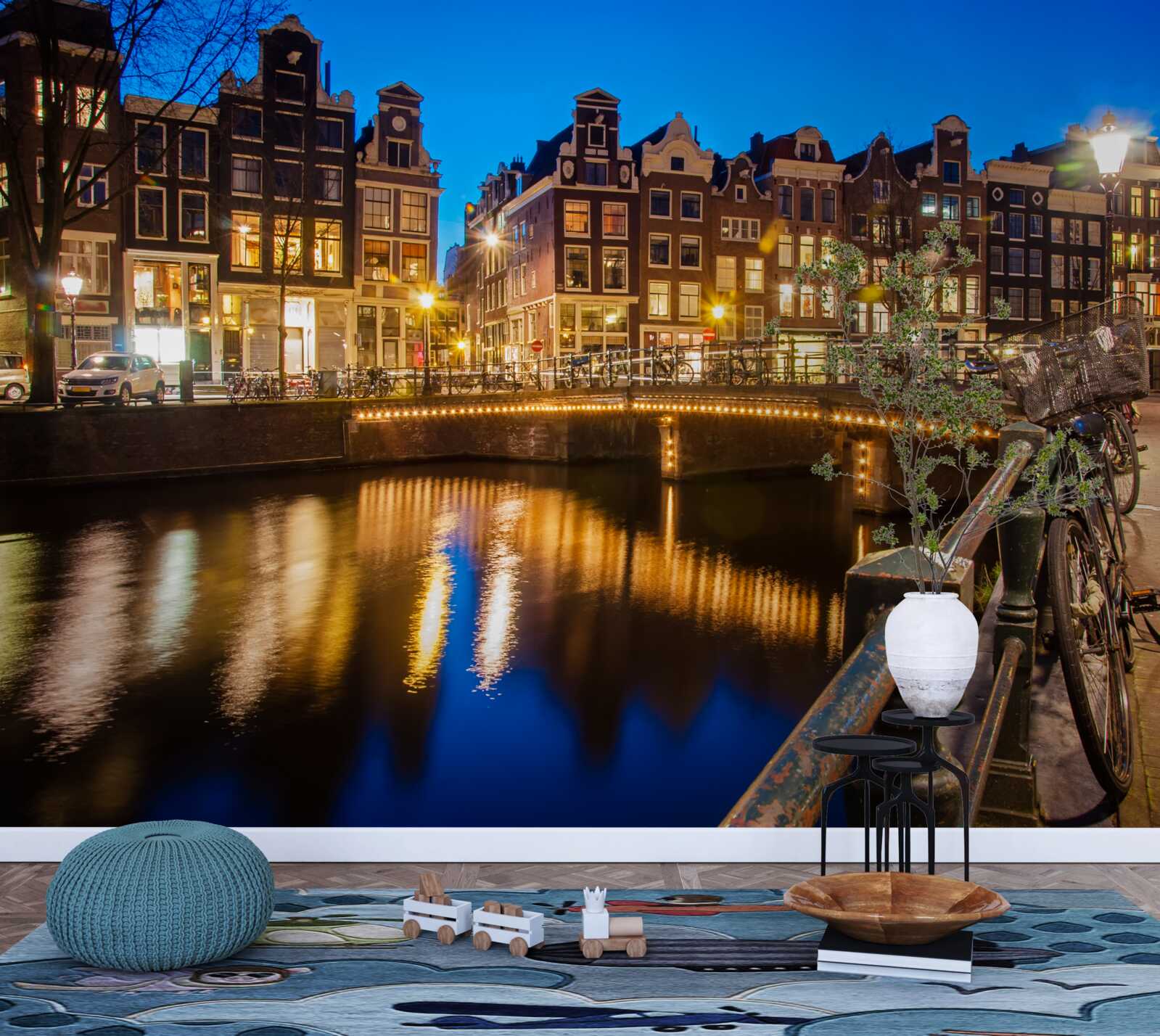 Fototapeten Amsterdam Reflexion nachts im Wasser