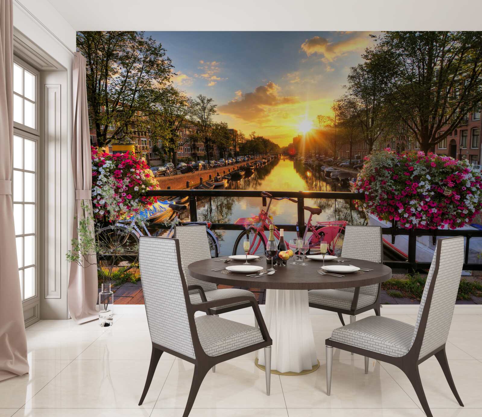 Fototapeten Sonnenuntergang in Amsterdam mit Fahrrädern im Hintergrund