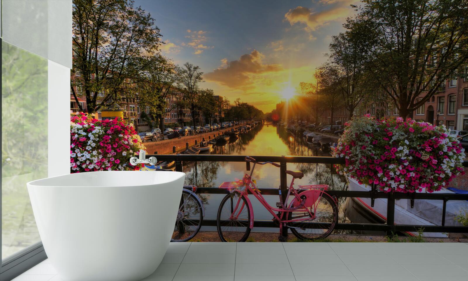 Fototapeten Sonnenuntergang in Amsterdam mit Fahrrädern im Hintergrund