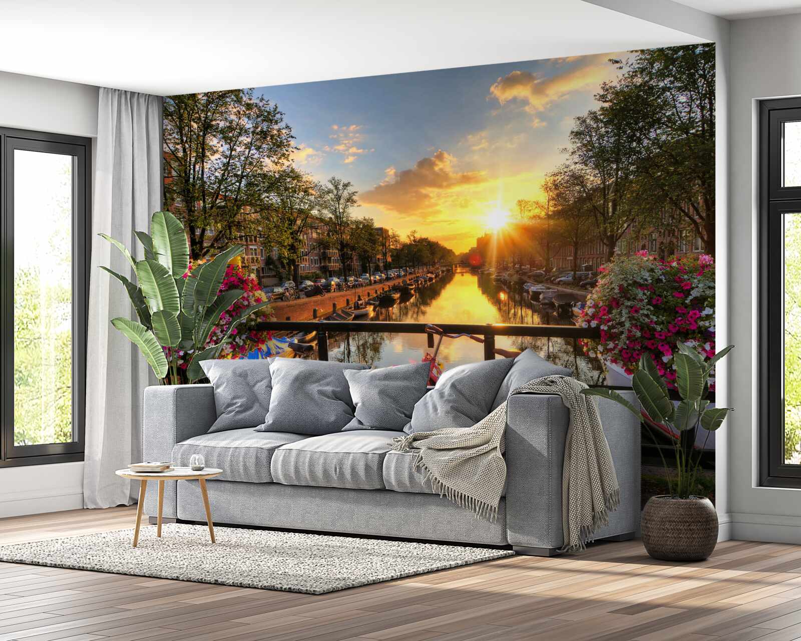 Fototapeten Sonnenuntergang in Amsterdam mit Fahrrädern im Hintergrund