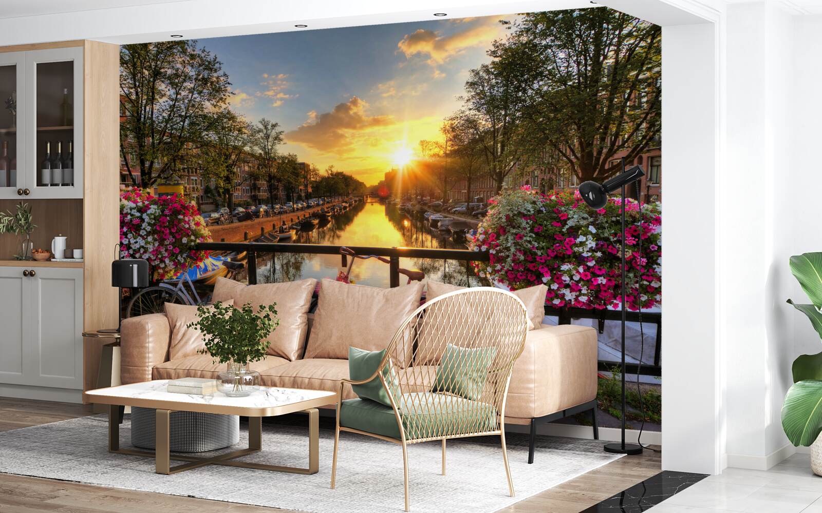 Fototapeten Sonnenuntergang in Amsterdam mit Fahrrädern im Hintergrund