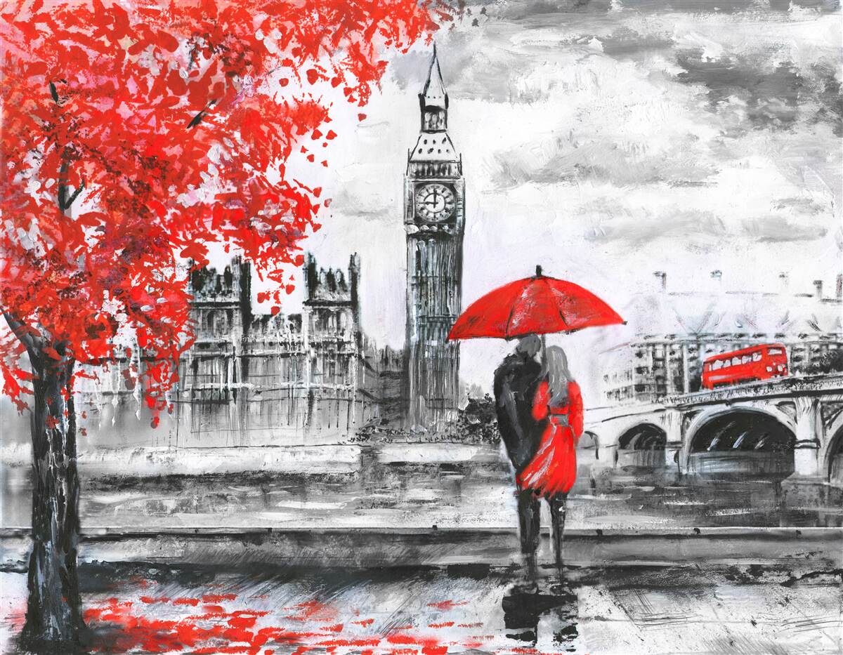 Fototapeten Zwei Personen unter einem scharlachroten Regenschirm sehen Big Ben an