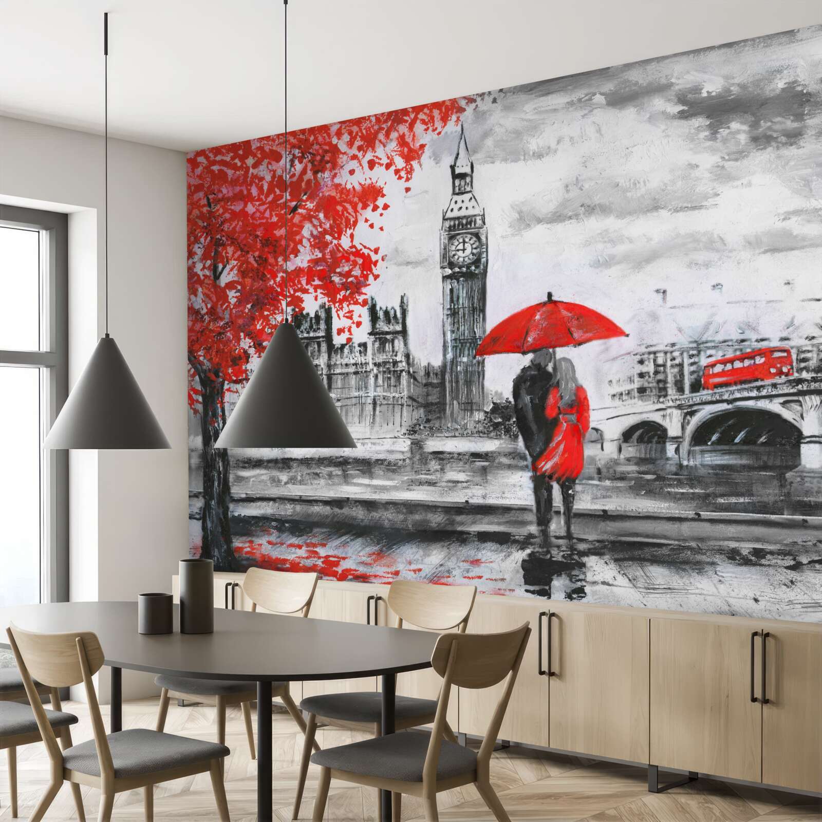 Fototapeten Zwei Personen unter einem scharlachroten Regenschirm sehen Big Ben an