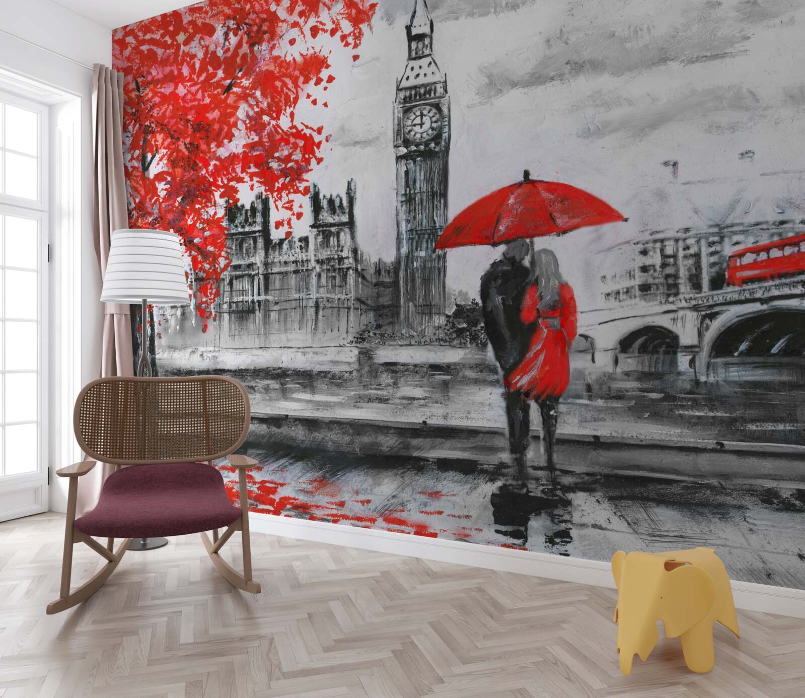 Fototapeten Zwei Personen unter einem scharlachroten Regenschirm sehen Big Ben an