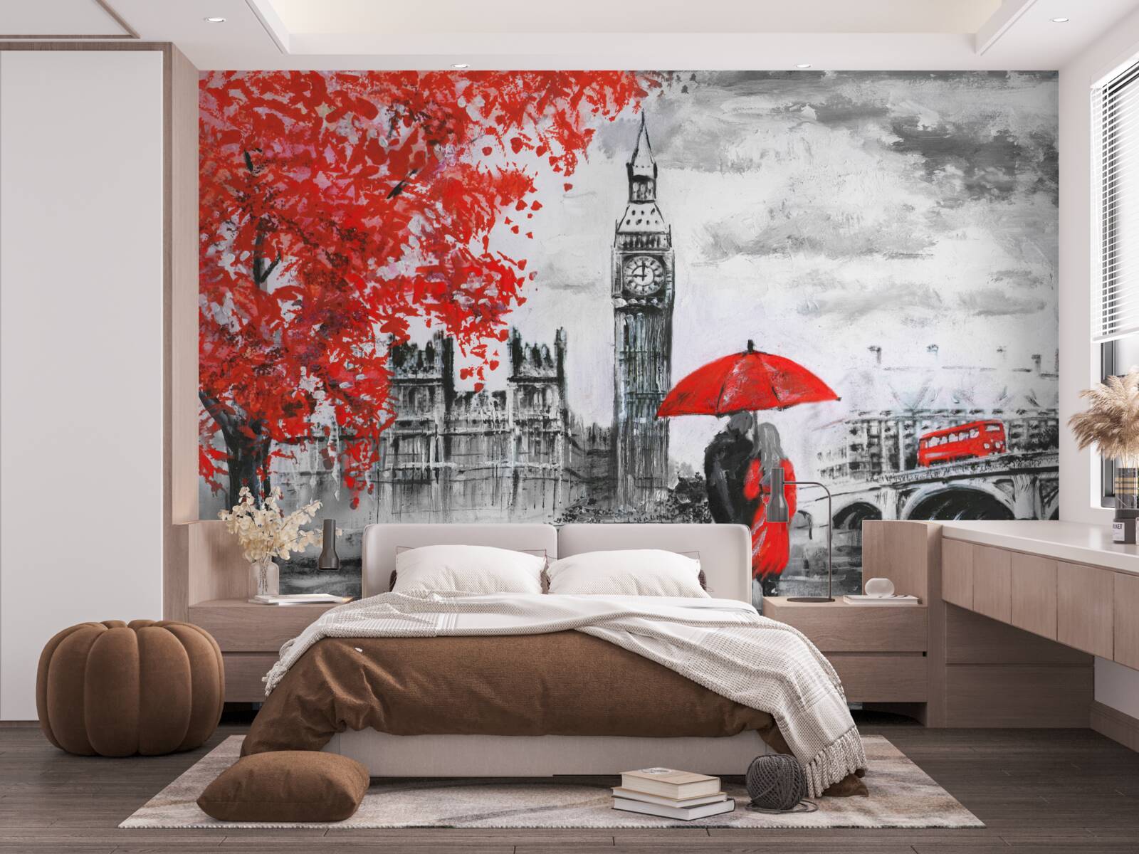 Fototapeten Zwei Personen unter einem scharlachroten Regenschirm sehen Big Ben an