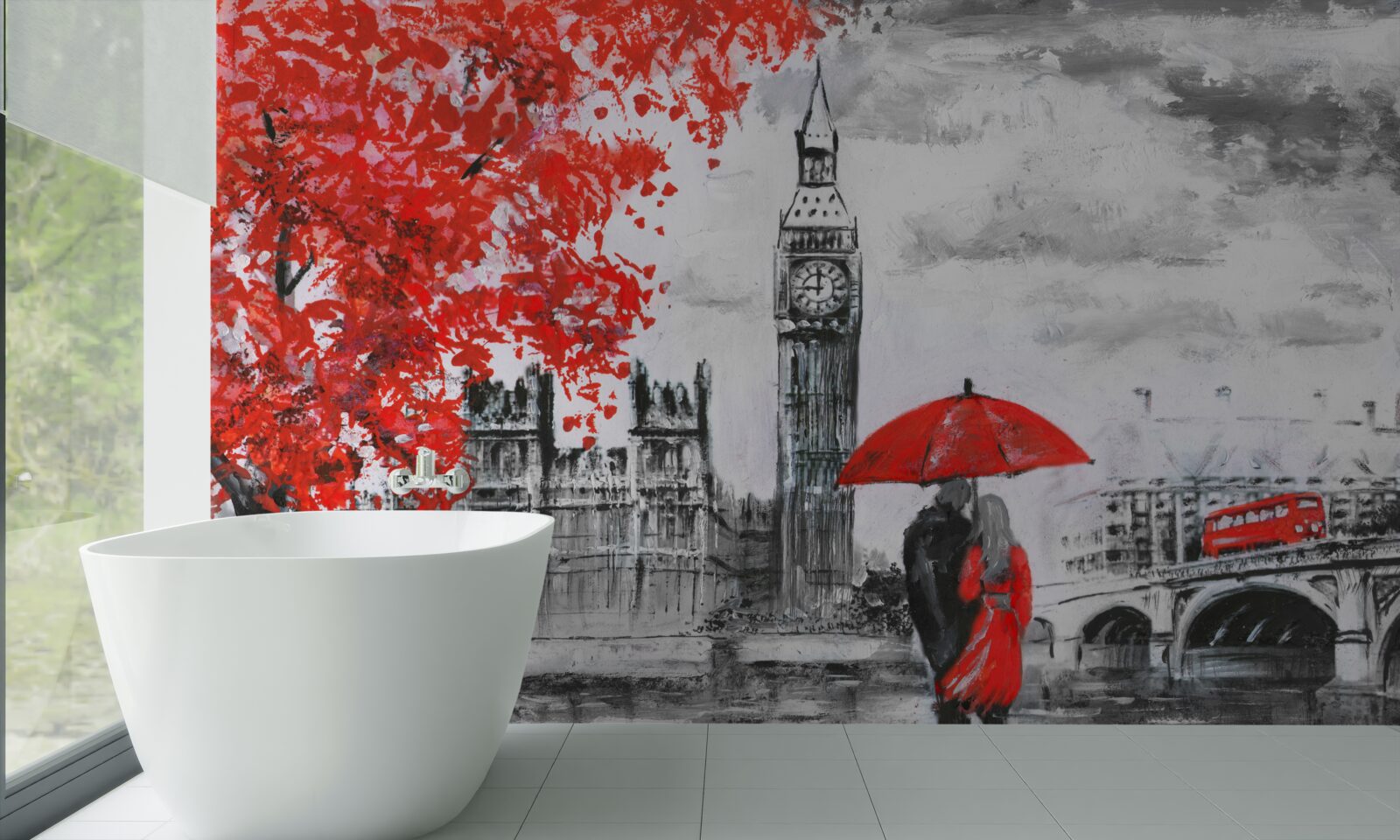 Fototapeten Zwei Personen unter einem scharlachroten Regenschirm sehen Big Ben an