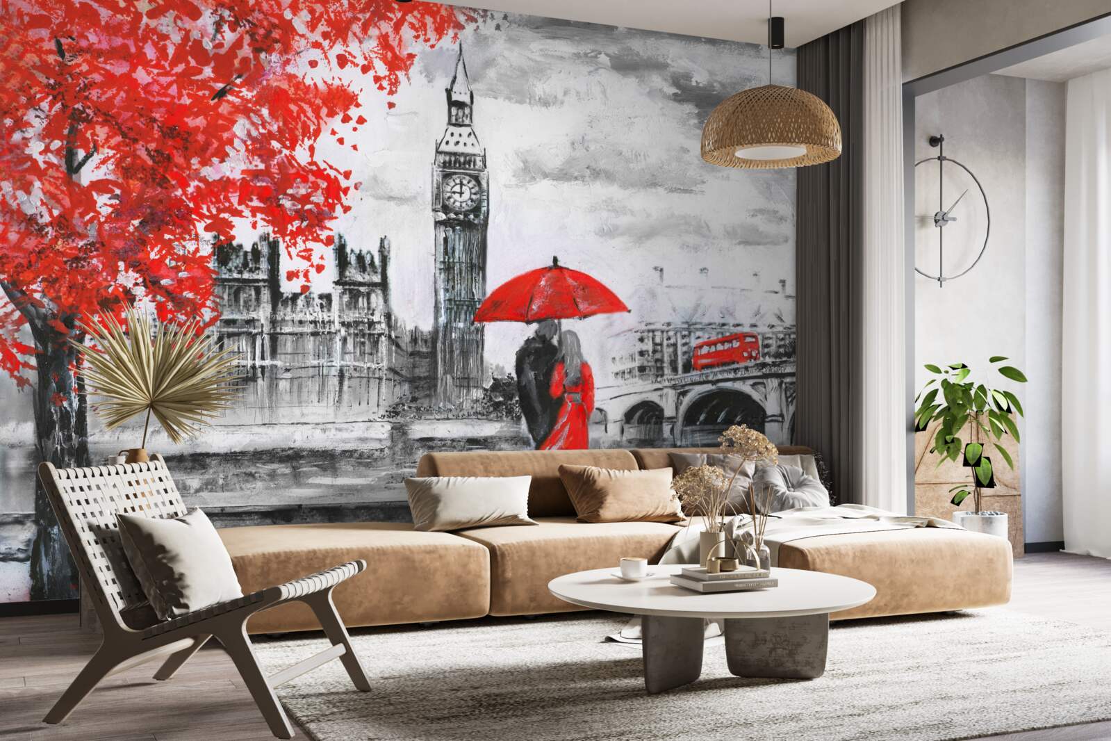 Fototapeten Zwei Personen unter einem scharlachroten Regenschirm sehen Big Ben an