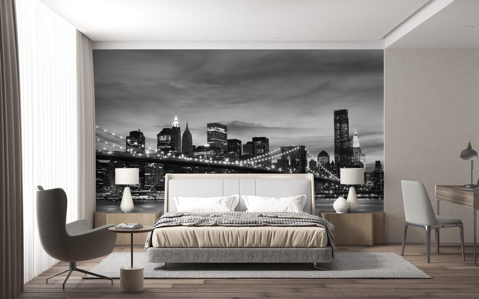Fototapeten Türme in Schwarz und Weiß und die Brücke in Brooklyn