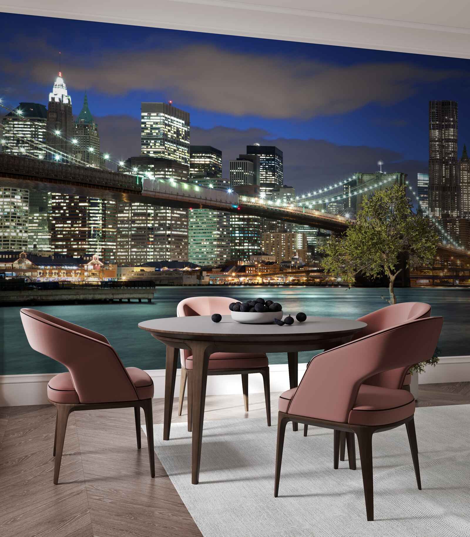 Fototapeten Die Stadt ist nachts mit den Konturen der Brooklin Bridge dekoriert