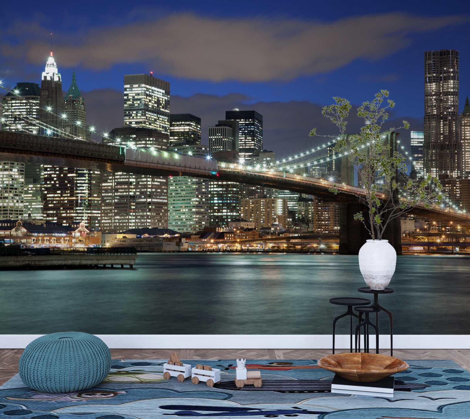 Fototapeten Die Stadt ist nachts mit den Konturen der Brooklin Bridge dekoriert