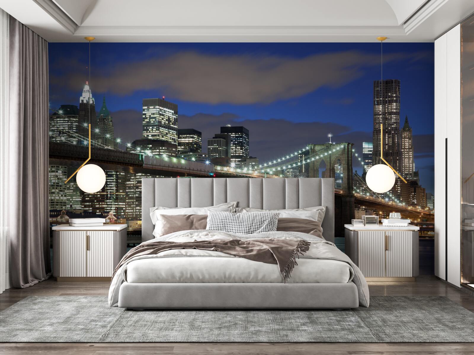 Fototapeten Die Stadt ist nachts mit den Konturen der Brooklin Bridge dekoriert