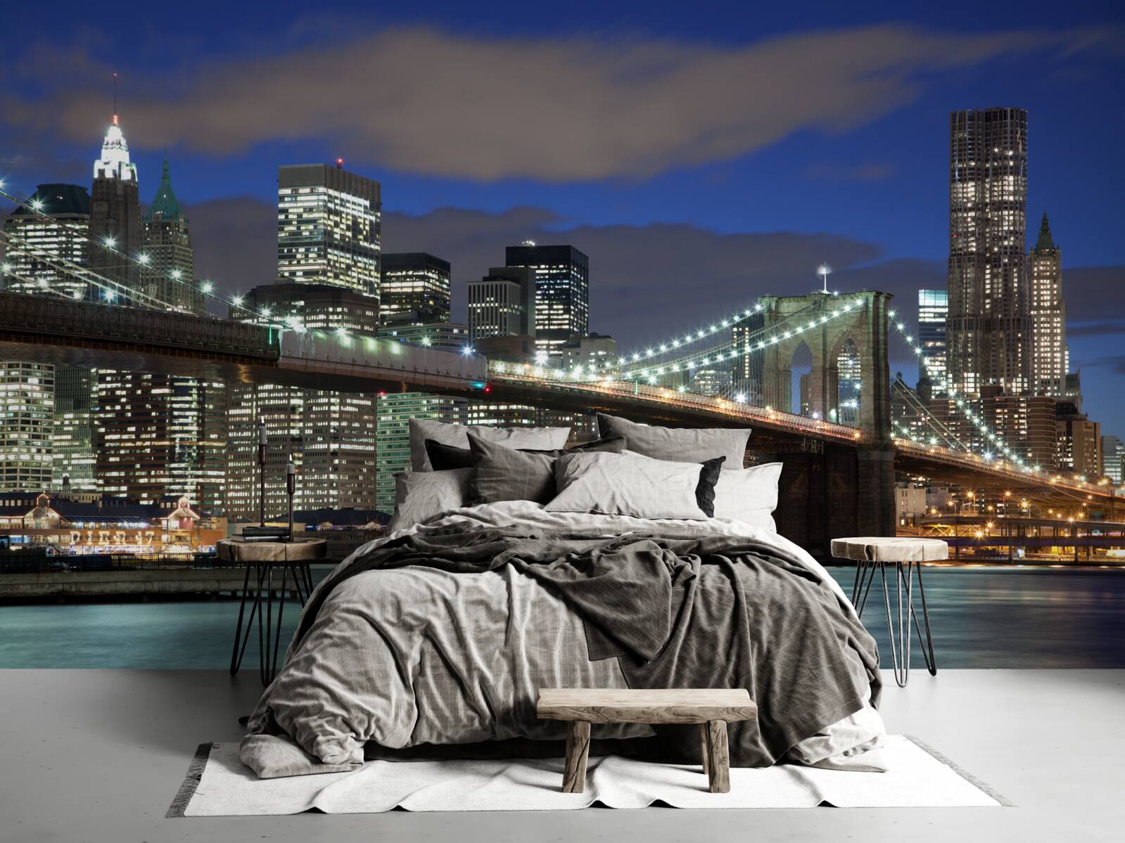 Fototapeten Die Stadt ist nachts mit den Konturen der Brooklin Bridge dekoriert