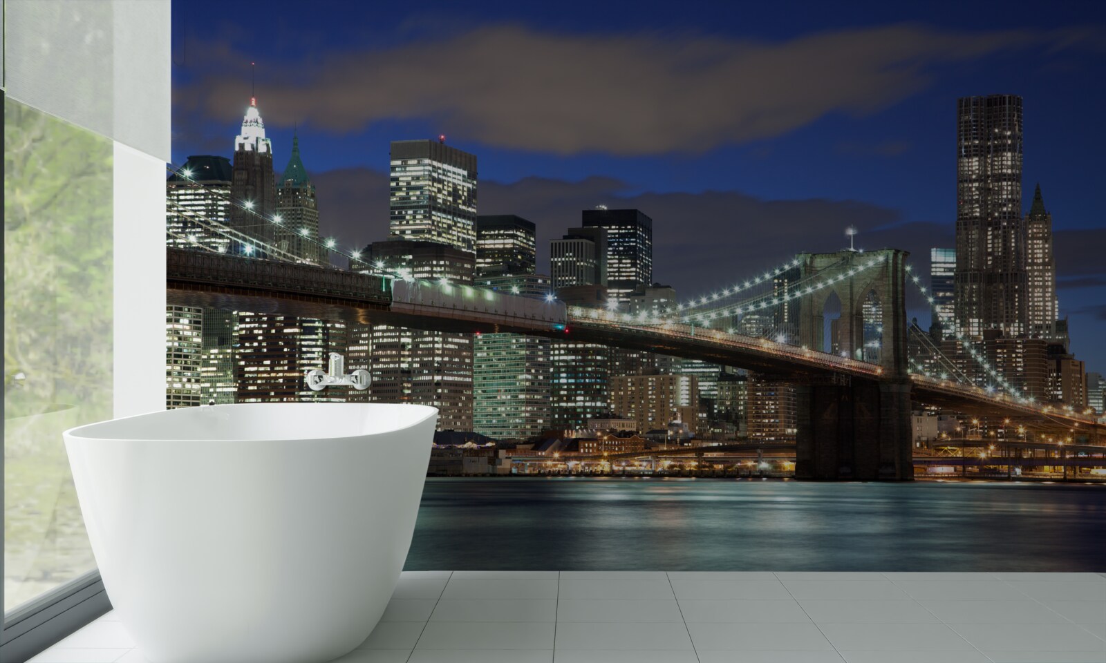 Fototapeten Die Stadt ist nachts mit den Konturen der Brooklin Bridge dekoriert