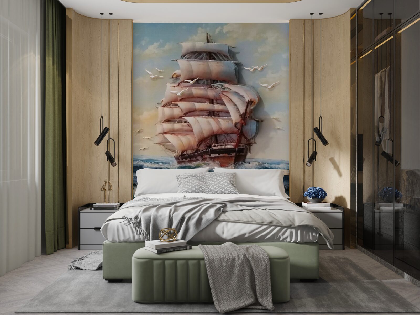 Fototapeten Ein elegantes Schiff mit Segeln zum Zeitpunkt des Sturms
