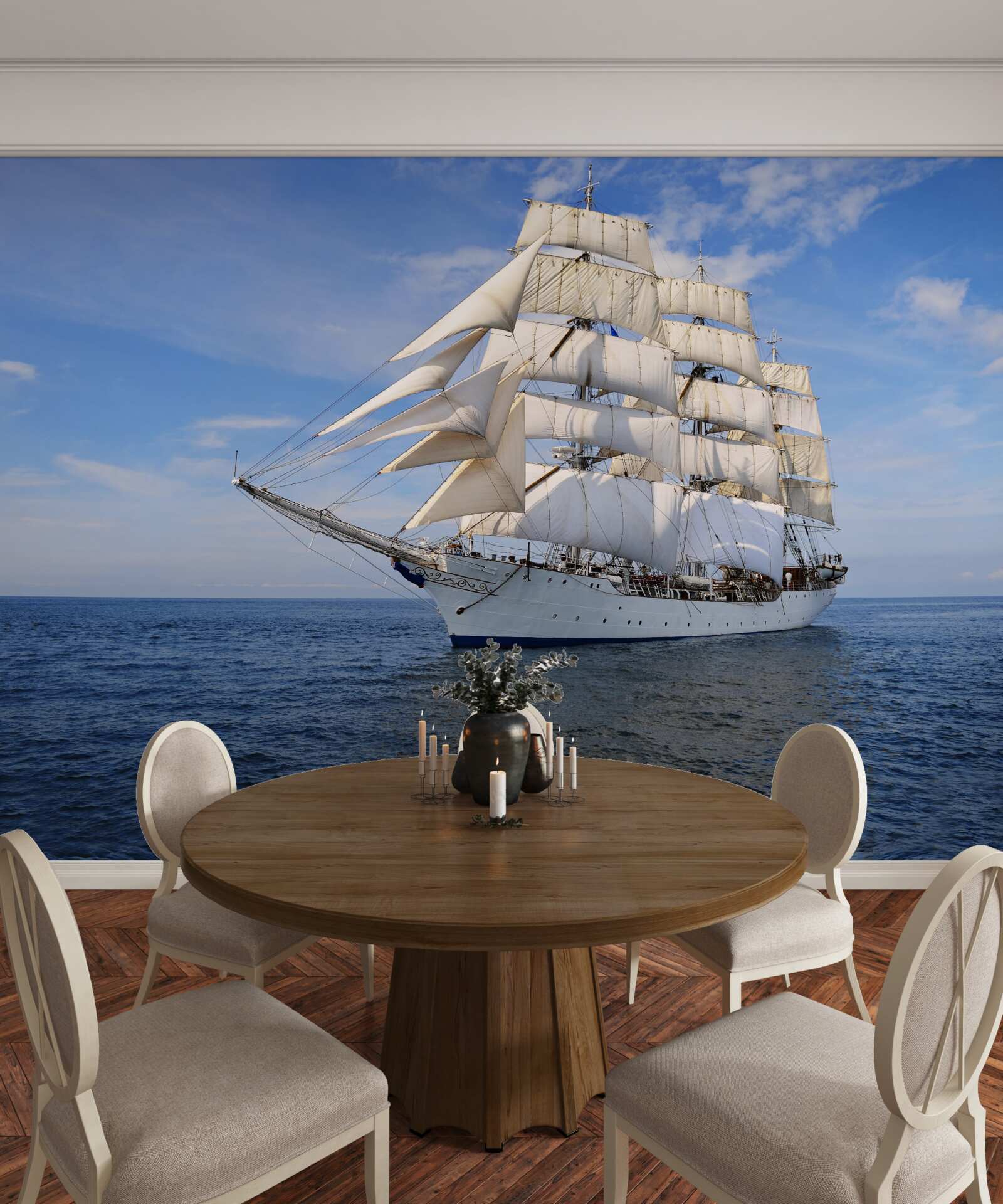 Fototapeten Ein Schiff mit Segeln auf einem ruhigen Meer