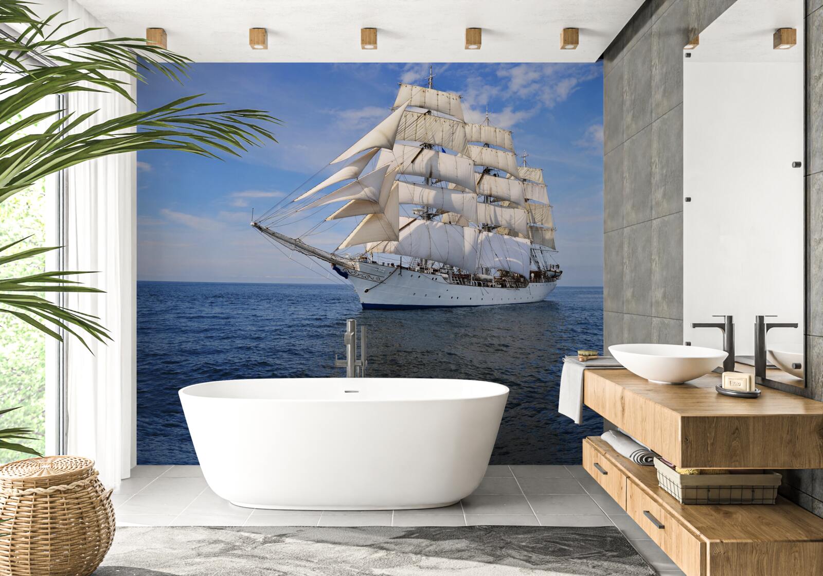 Fototapeten Ein Schiff mit Segeln auf einem ruhigen Meer