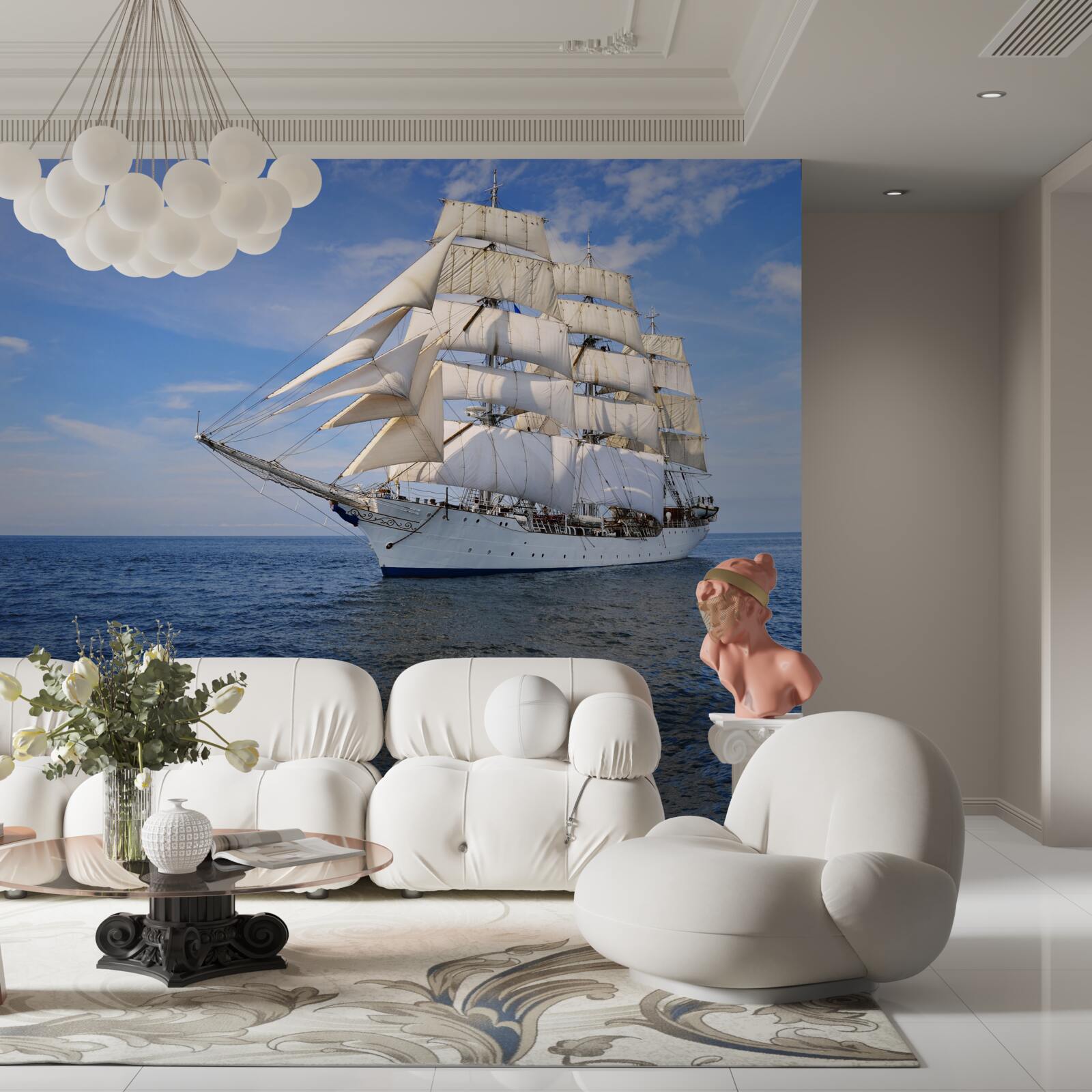 Fototapeten Ein Schiff mit Segeln auf einem ruhigen Meer