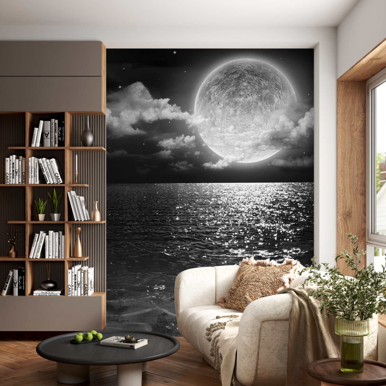 Fototapeten Sonnenuntergang am Meer auf dem Mond mit einem schwarz -weißen Schatten