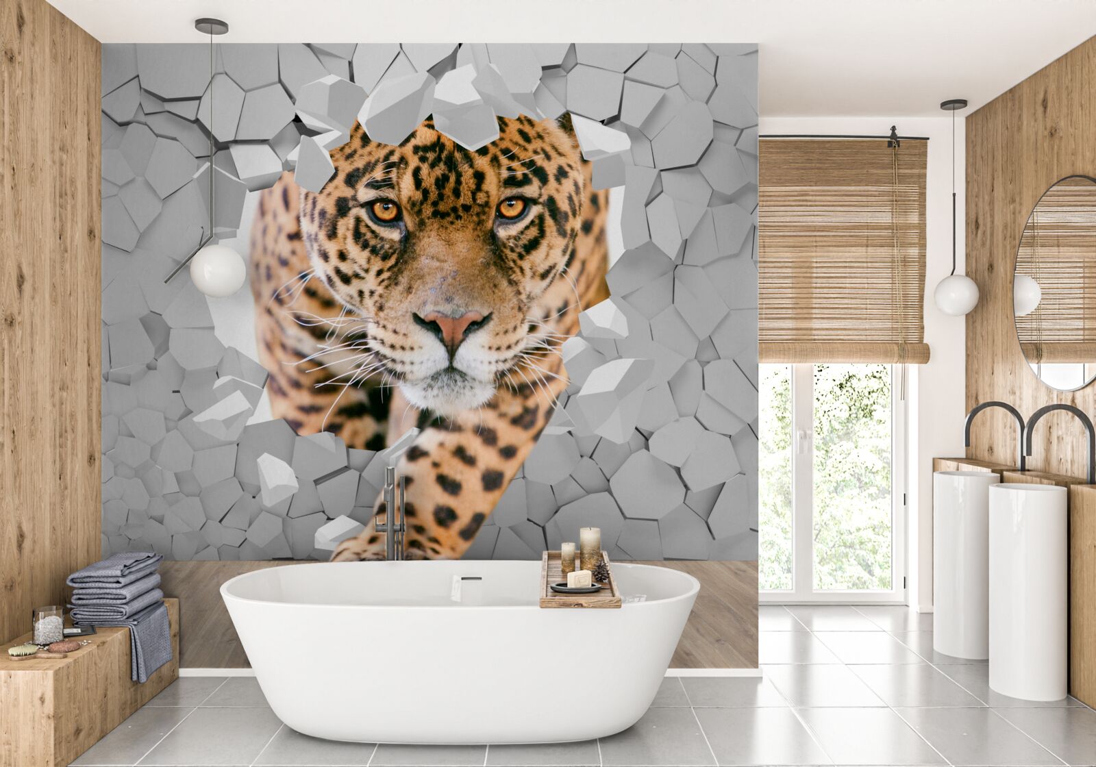 Fototapeten Der Leopard dringt durch die Wand ein
