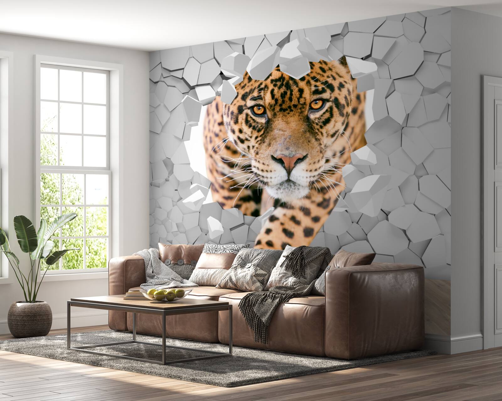 Fototapeten Der Leopard dringt durch die Wand ein