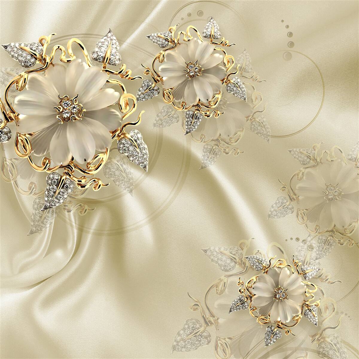 Fototapeten Eine blumengepackte, gefesselte Clip mit Blütenblättern auf beige Seidenstoff