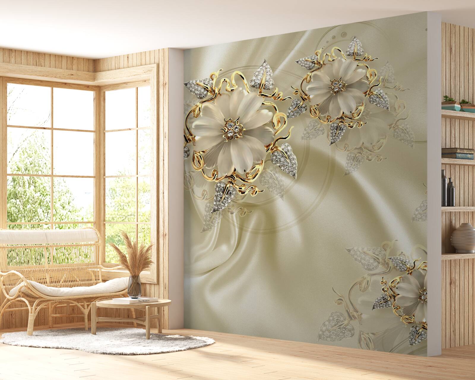 Fototapeten Eine blumengepackte, gefesselte Clip mit Blütenblättern auf beige Seidenstoff