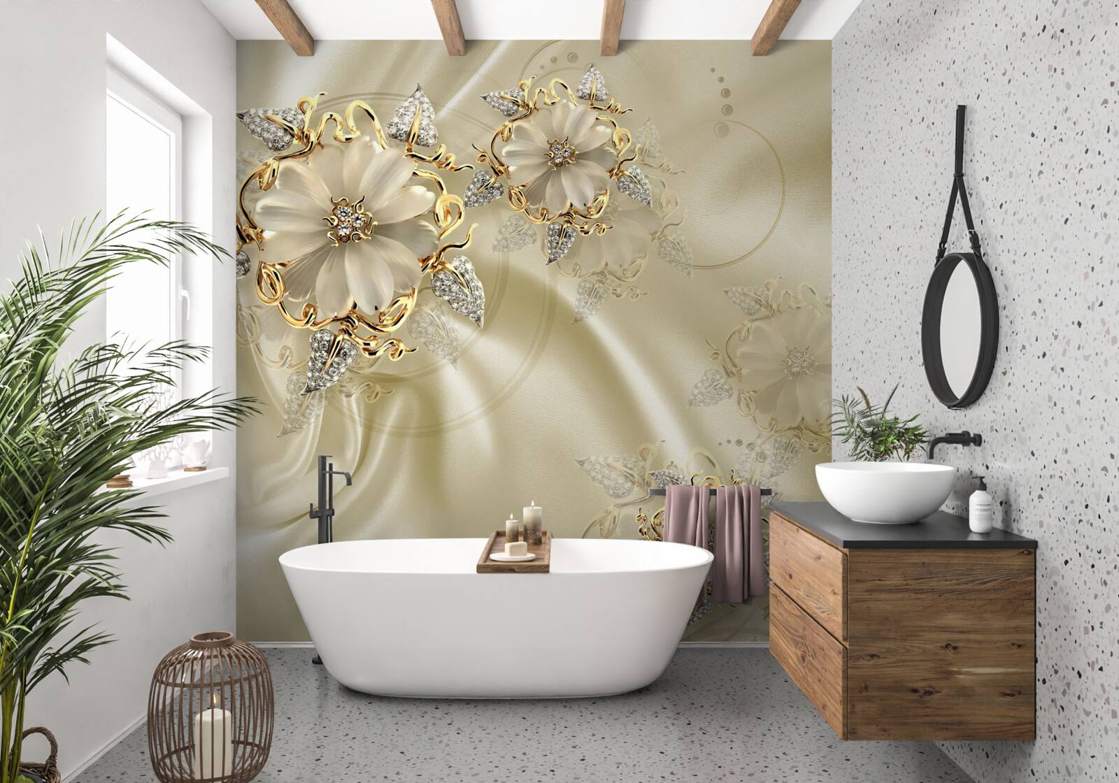 Fototapeten Eine blumengepackte, gefesselte Clip mit Blütenblättern auf beige Seidenstoff