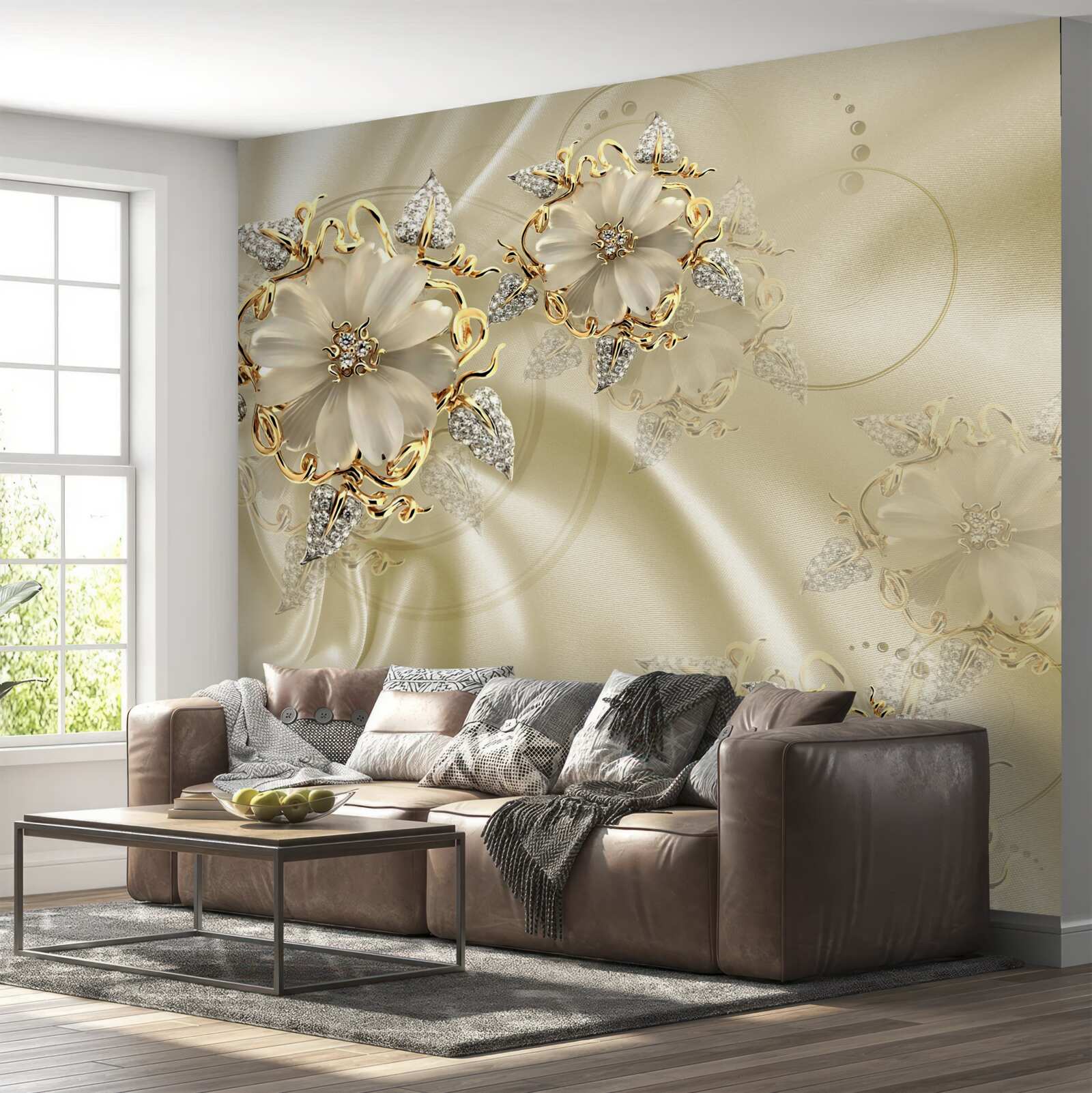 Fototapeten Eine blumengepackte, gefesselte Clip mit Blütenblättern auf beige Seidenstoff