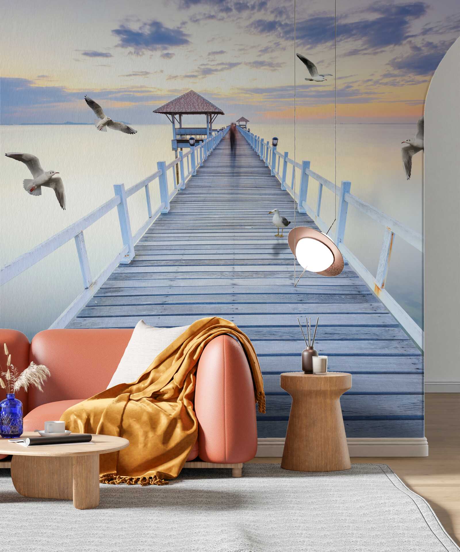 Fototapeten Eine Holzbrücke, die zum Ozean führt