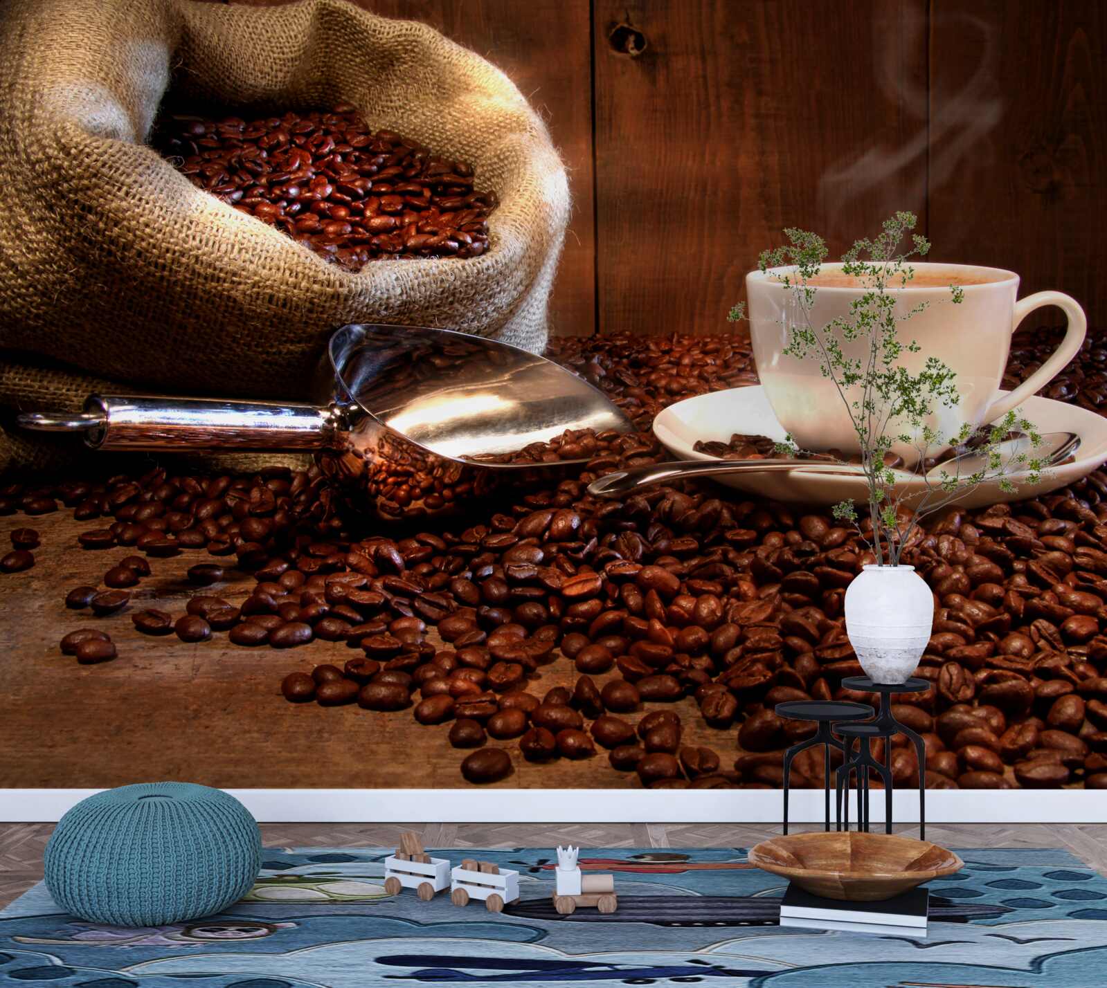 Fototapeten Kaffeebohnen und eine Tasse mit diesem Getränk