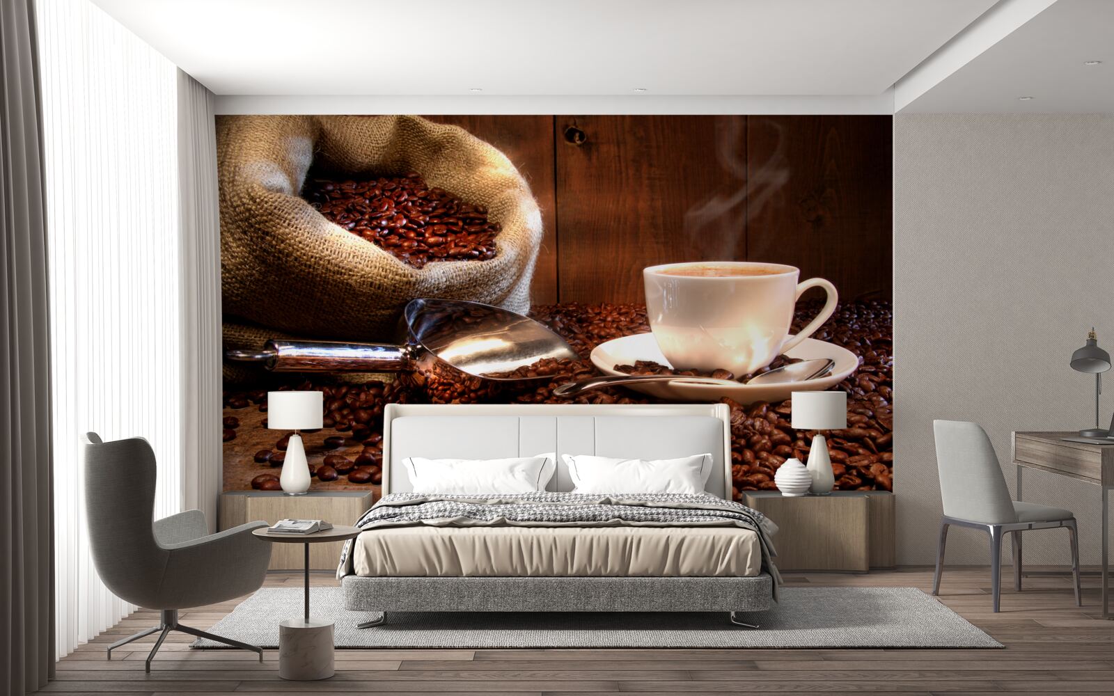 Fototapeten Kaffeebohnen und eine Tasse mit diesem Getränk