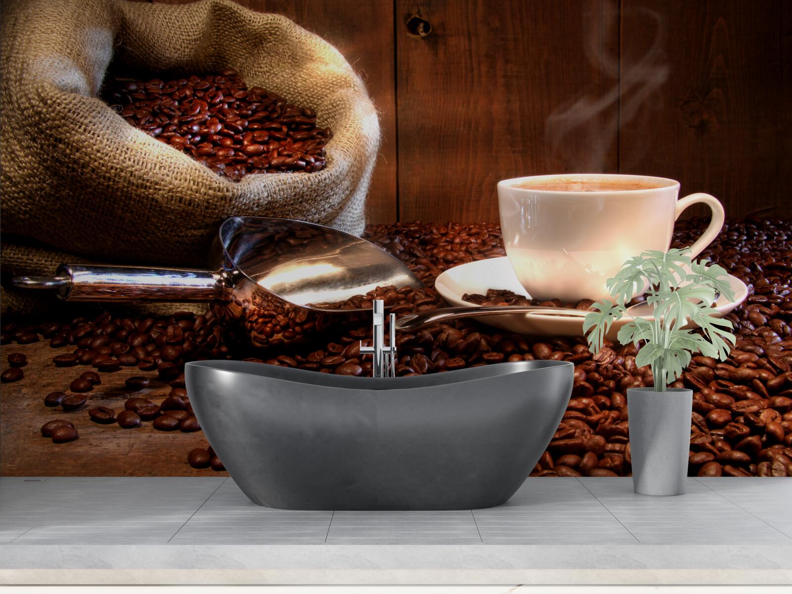 Fototapeten Kaffeebohnen unter einer Tasse aromatischem Kaffee