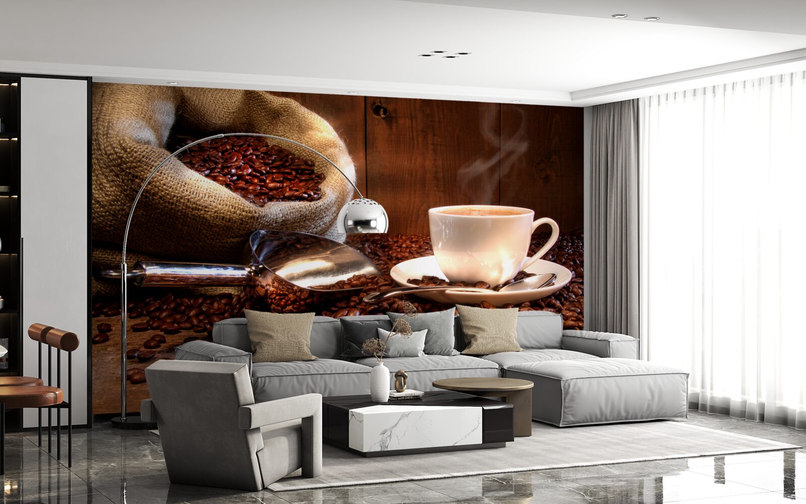 Fototapeten Kaffeebohnen unter einer Tasse aromatischem Kaffee
