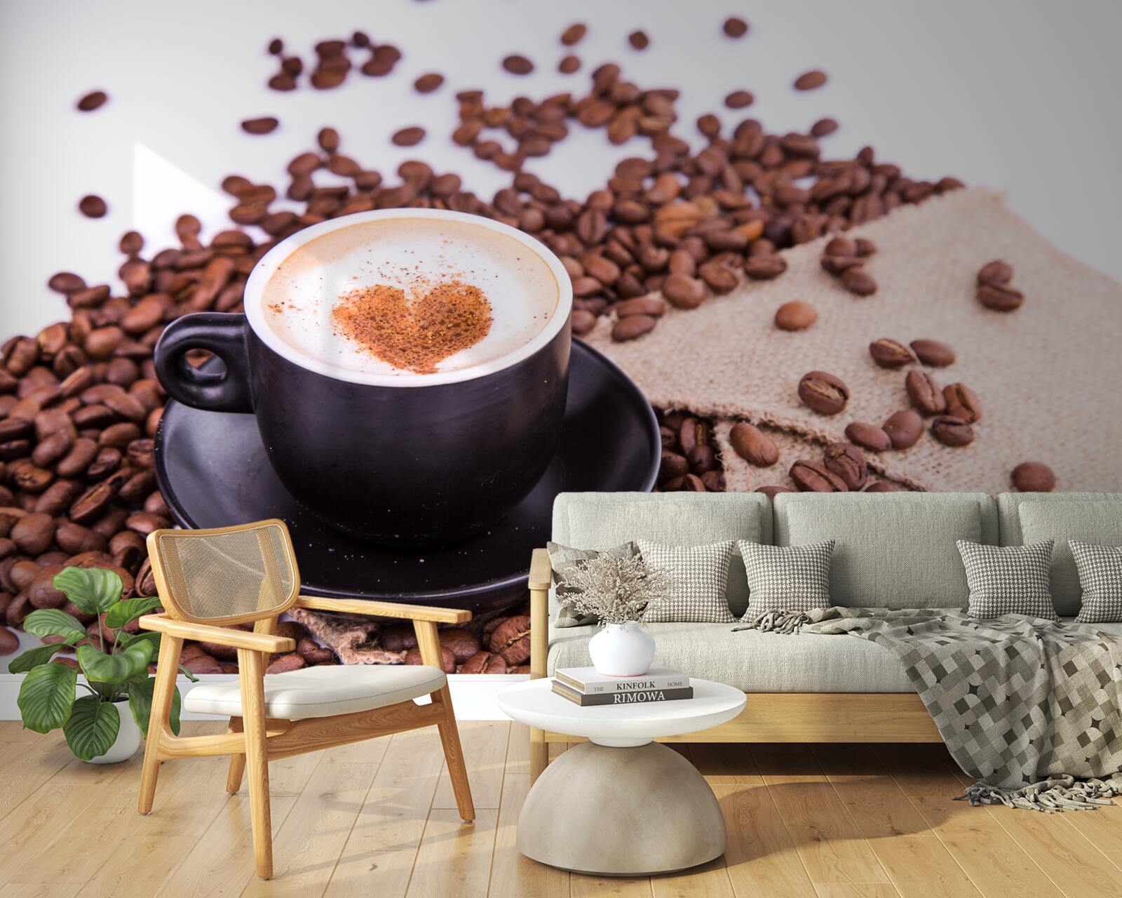 Fototapeten Kaffeebohnen, die neben einer Tasse Kaffee verstreut sind