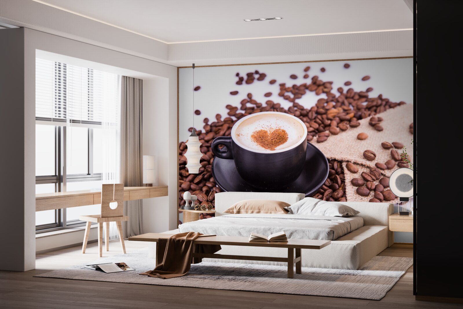 Fototapeten Kaffeebohnen, die neben einer Tasse Kaffee verstreut sind