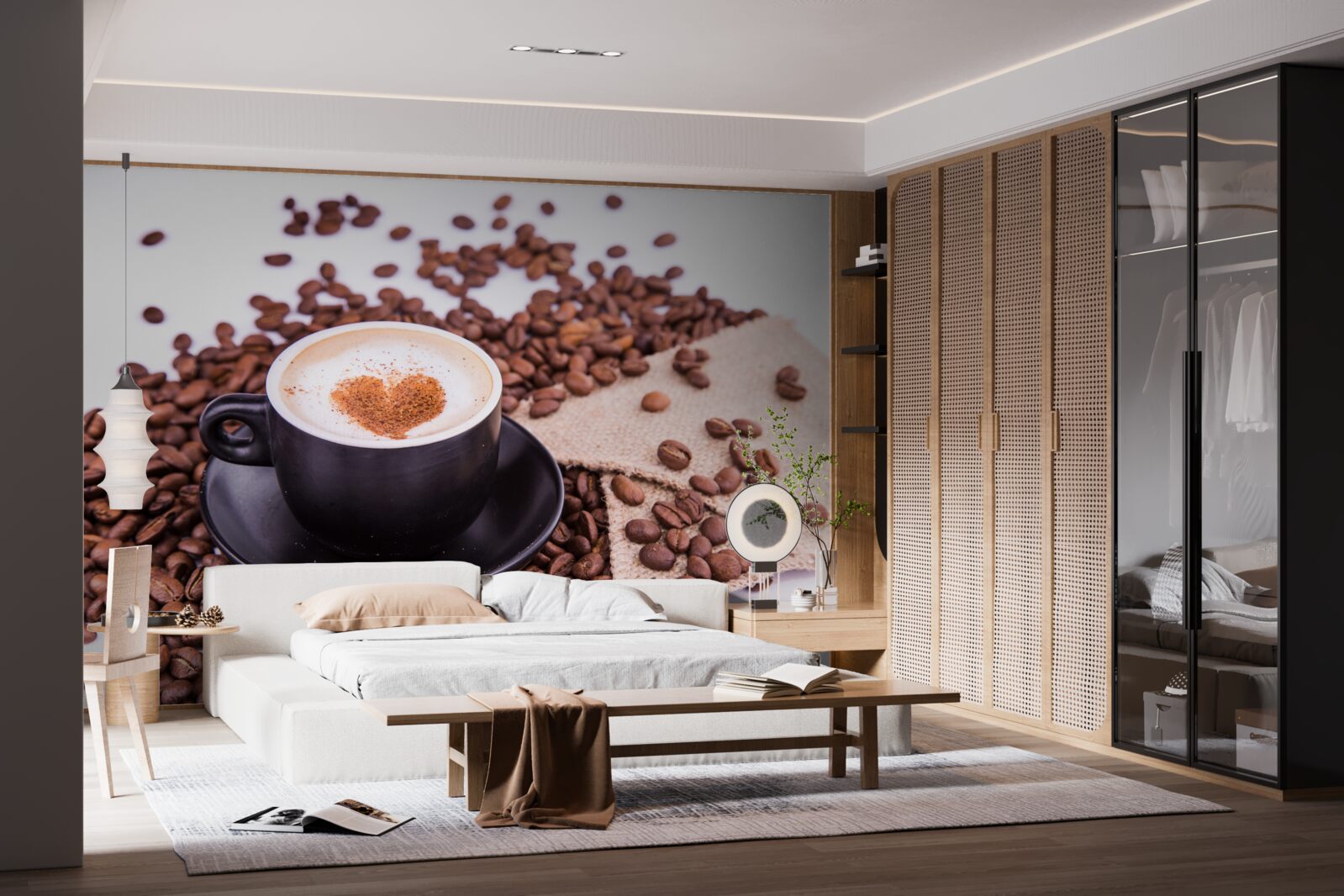 Fototapeten Kaffeebohnen, die neben einer Tasse Kaffee verstreut sind