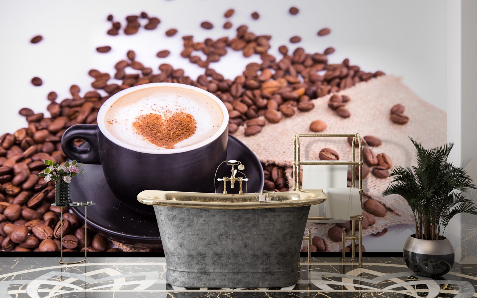 Fototapeten Kaffeebohnen, die neben einer Tasse Kaffee verstreut sind
