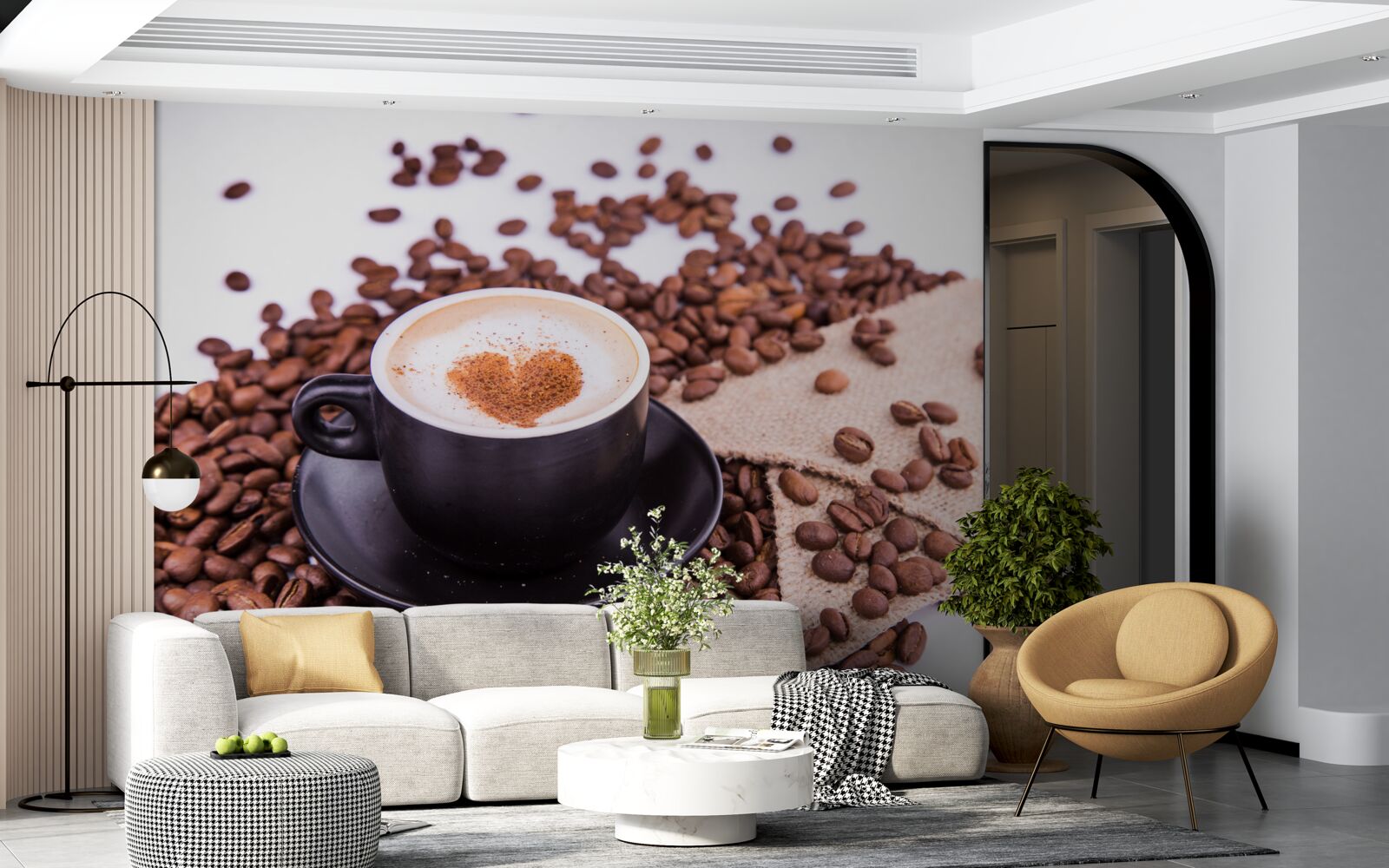 Fototapeten Kaffeebohnen, die neben einer Tasse Kaffee verstreut sind