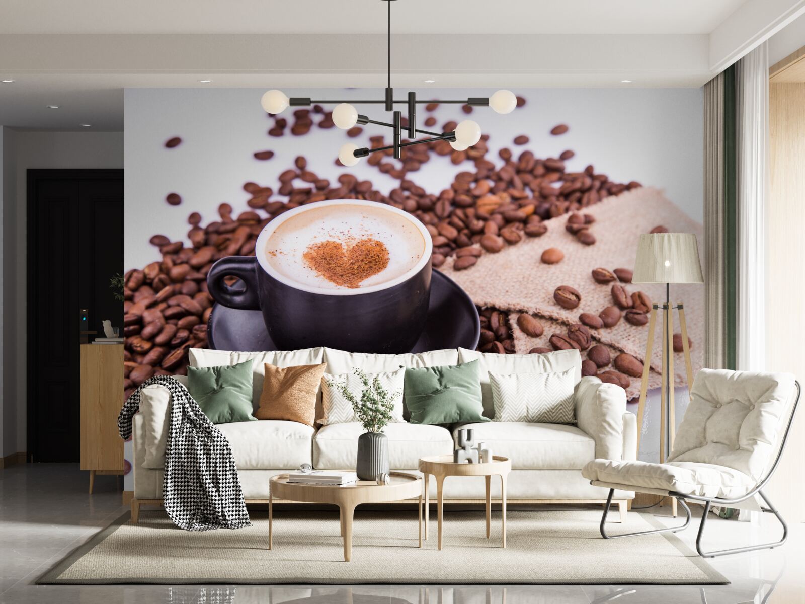 Fototapeten Kaffeebohnen, die neben einer Tasse Kaffee verstreut sind
