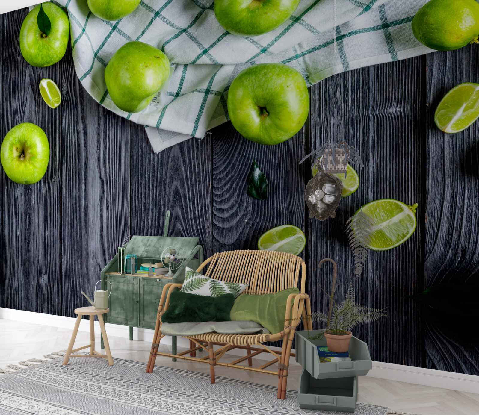 Fototapeten Lime und grüne Äpfel liegen auf dem Tisch