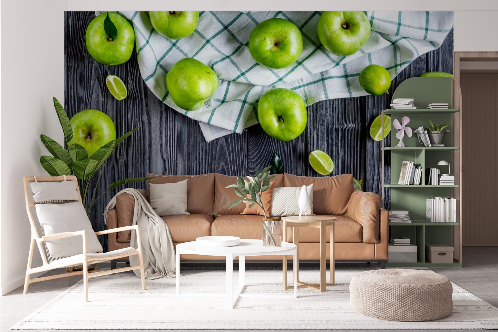 Fototapeten Lime und grüne Äpfel liegen auf dem Tisch