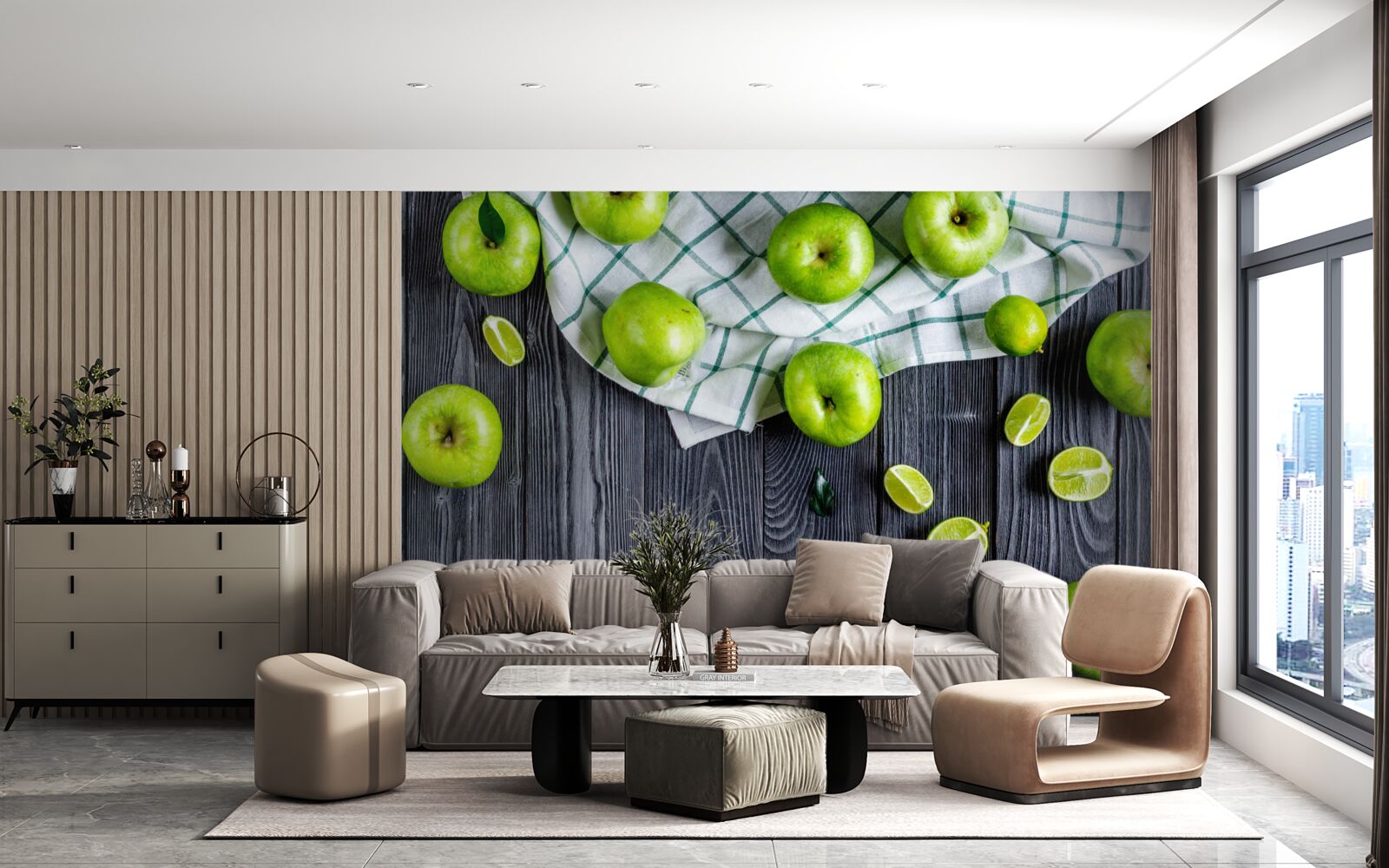 Fototapeten Lime und grüne Äpfel liegen auf dem Tisch