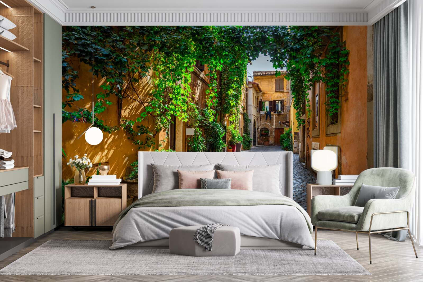 Fototapeten Der italienische Innenhof, umgeben von Grün, ist voller Komfort