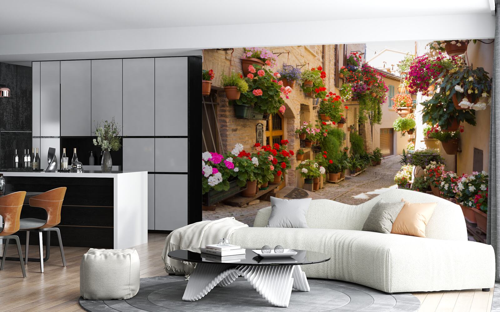 Fototapeten Natürliche Blumen auf einer historischen Straße