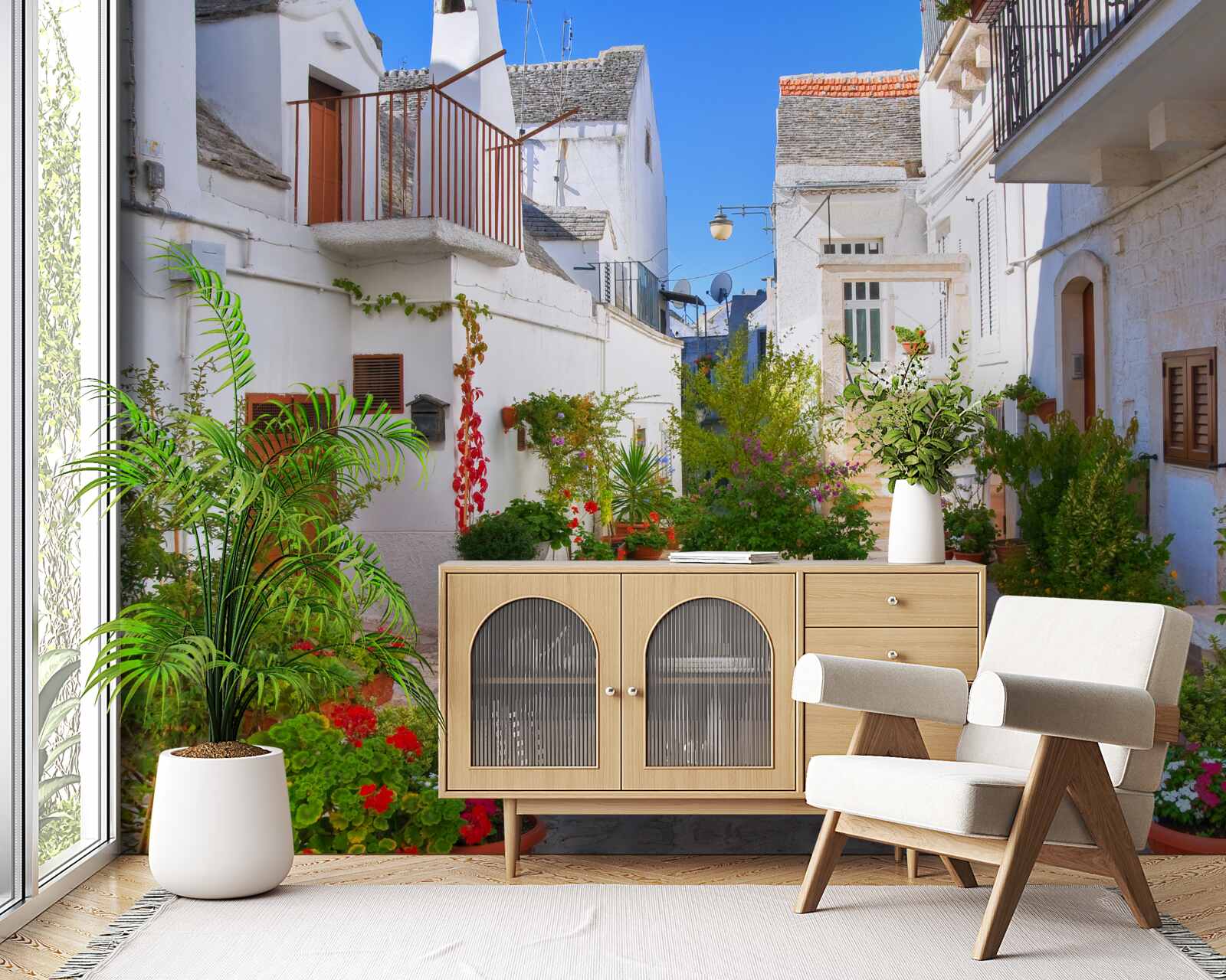 Fototapeten Santorini Street, in Grün getaucht