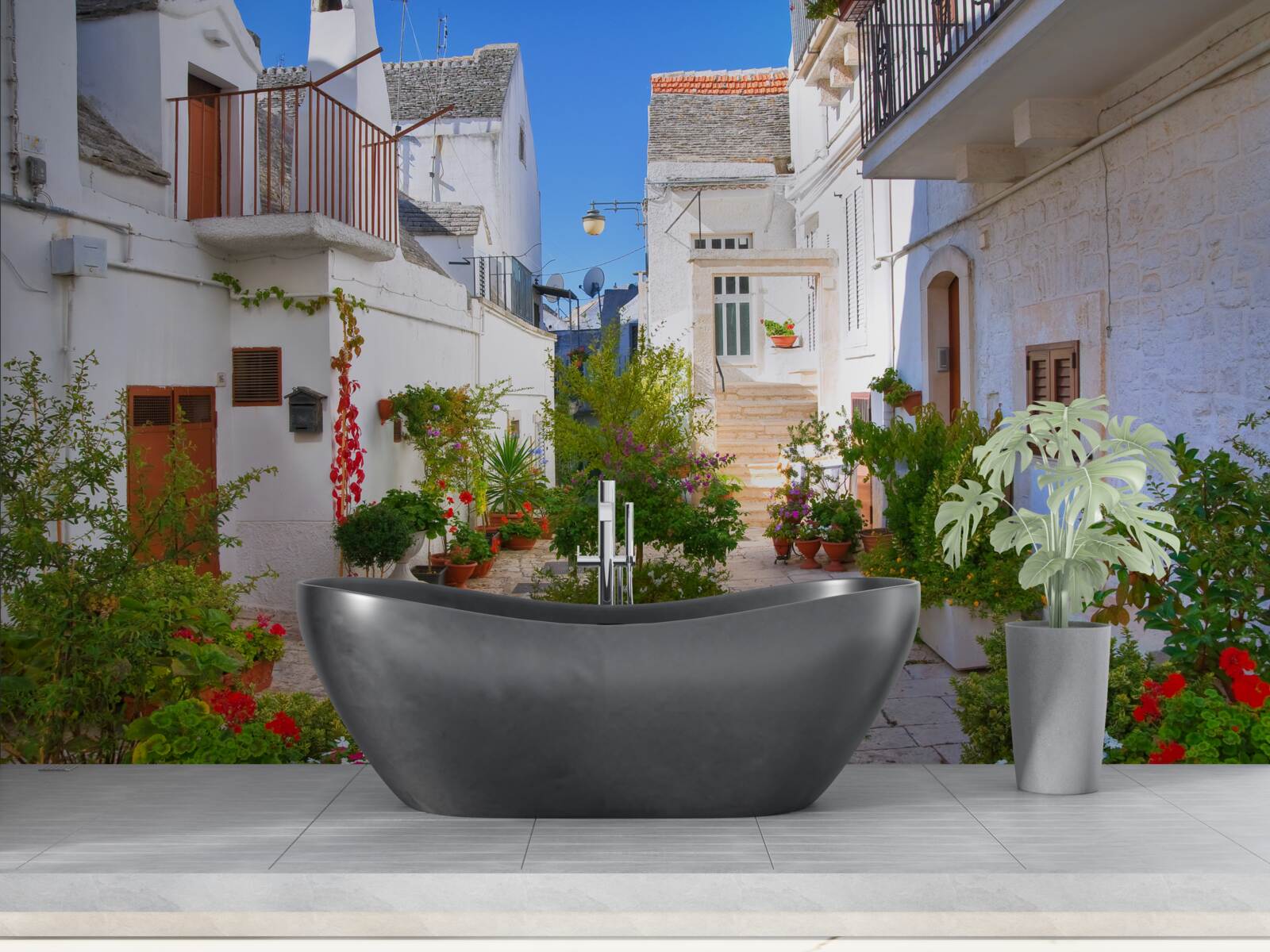 Fototapeten Santorini Street, in Grün getaucht