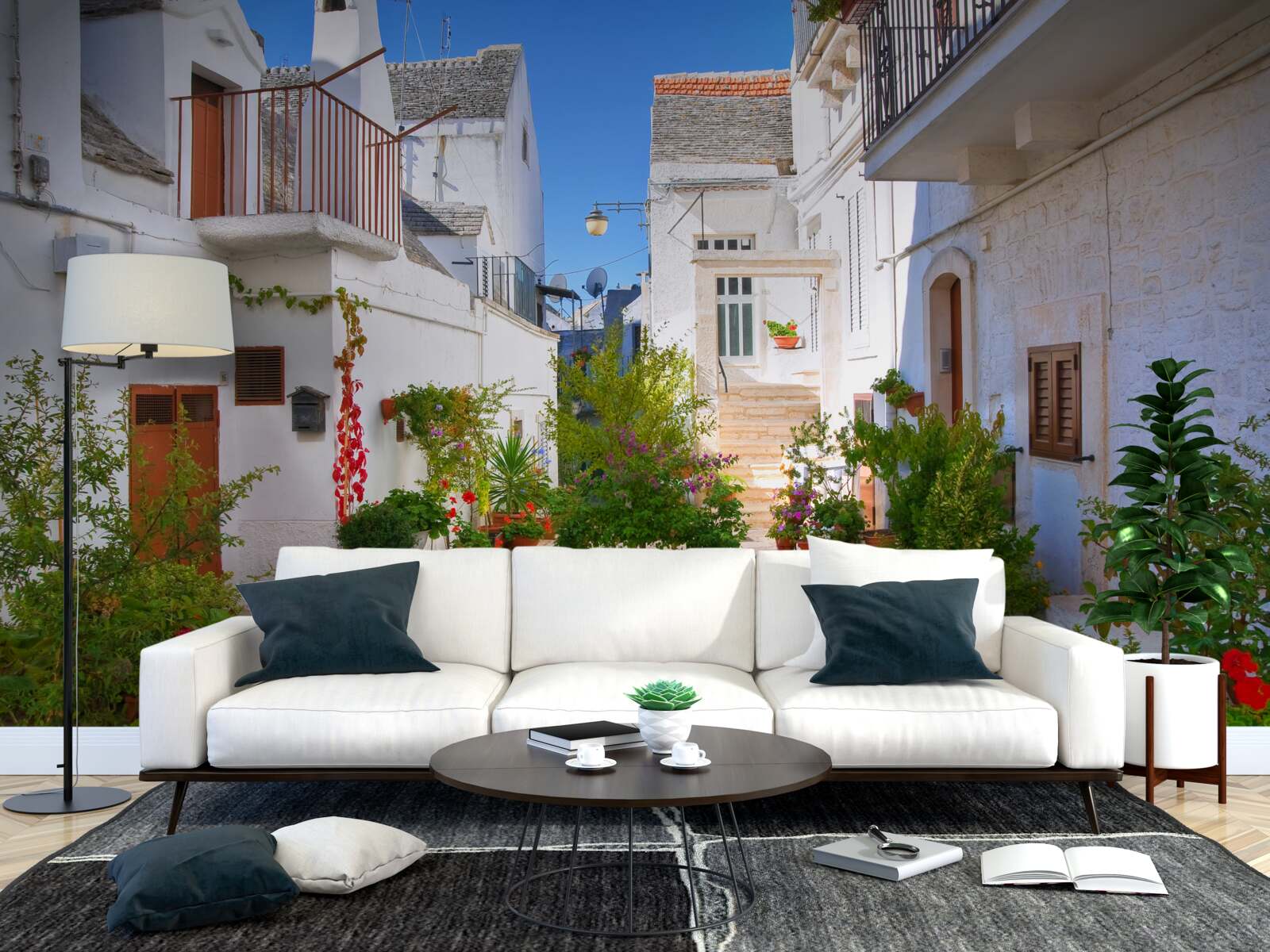 Fototapeten Santorini Street, in Grün getaucht