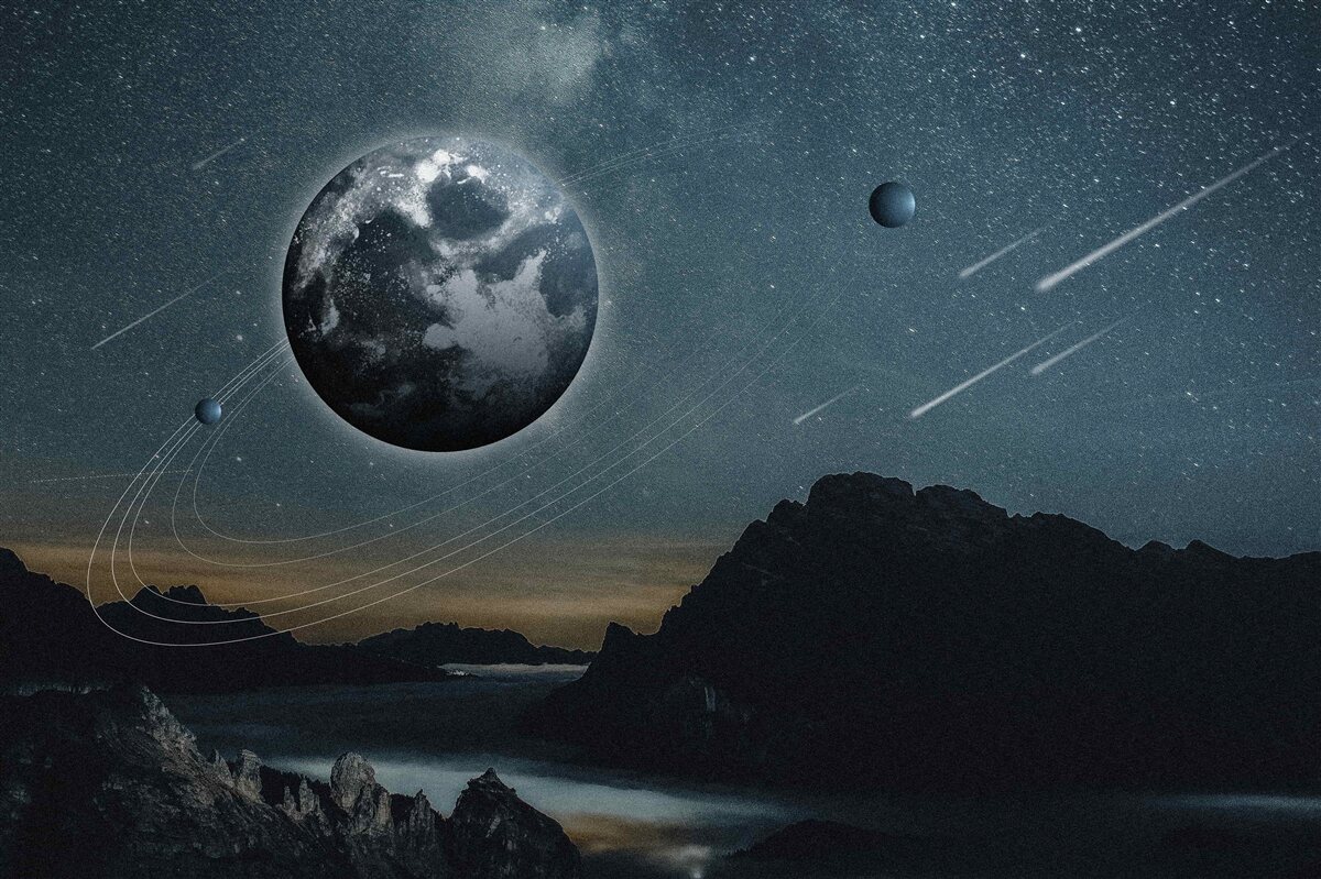 Fototapeten Regen von Meteoriten und Erdensatelliten