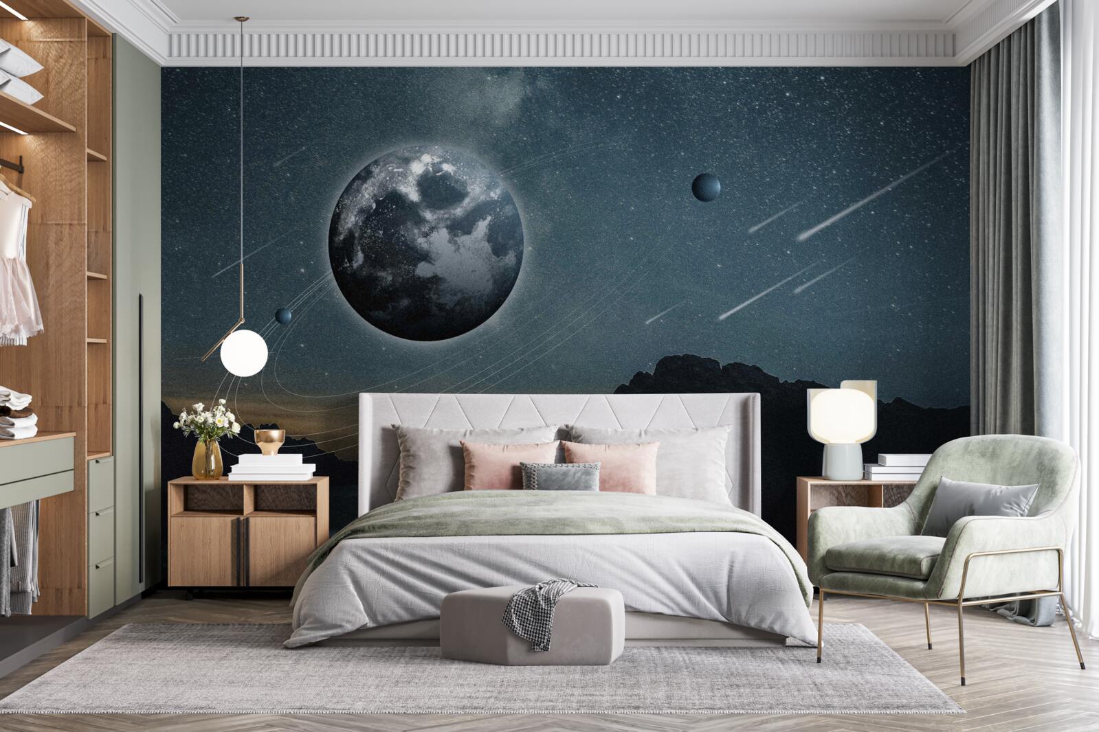 Fototapeten Regen von Meteoriten und Erdensatelliten